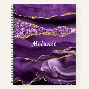 Purple Gold Glitter Marble Custom Name Notebook