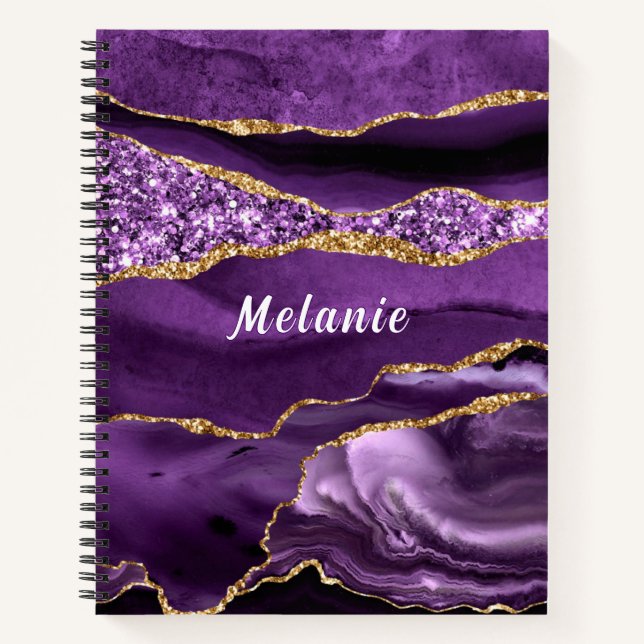 Purple Gold Glitter Marble Custom Name Notebook (Front)