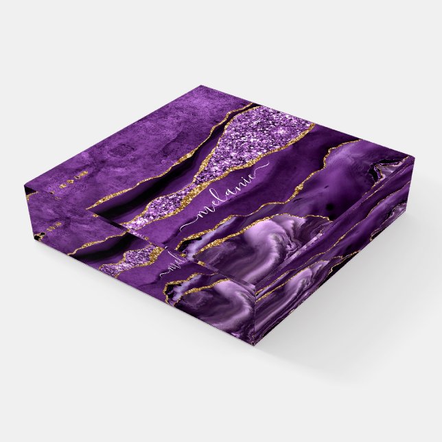 Purple Gold Glitter Marble Custom Name Paperweight (Angled)