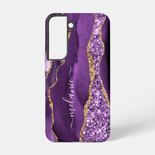 Purple Gold Glitter Marble Custom Name Personalize Samsung Galaxy Case (Back)