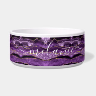 Purple Gold Glitter Marble Custom Name Pet Bowl