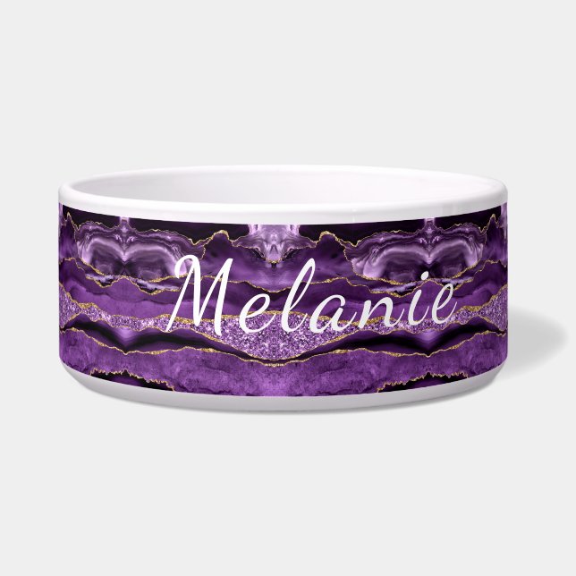 Purple Gold Glitter Marble Custom Name Pet Bowl (Front)