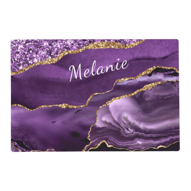 Purple Gold Glitter Marble Custom Name Placemat (Back)