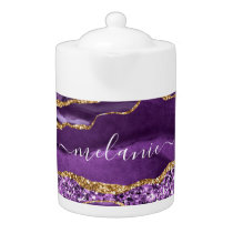 Purple Gold Glitter Marble Custom Name Teapot