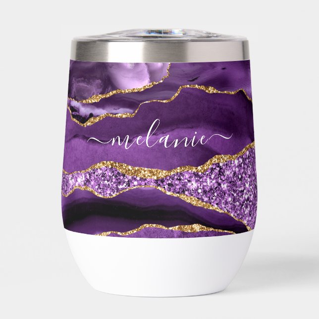Purple Gold Glitter Marble Custom Name Thermal Wine Tumbler (Front)