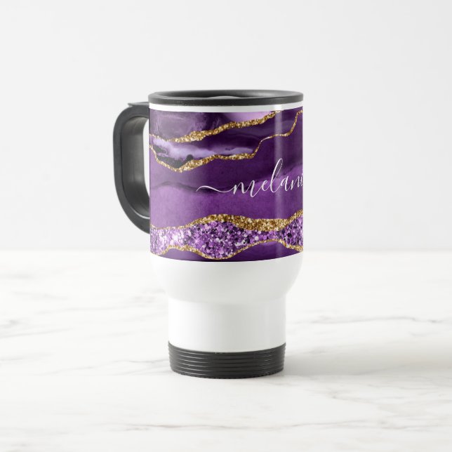 Purple Gold Glitter Marble Custom Name Travel Mug (Front Left)