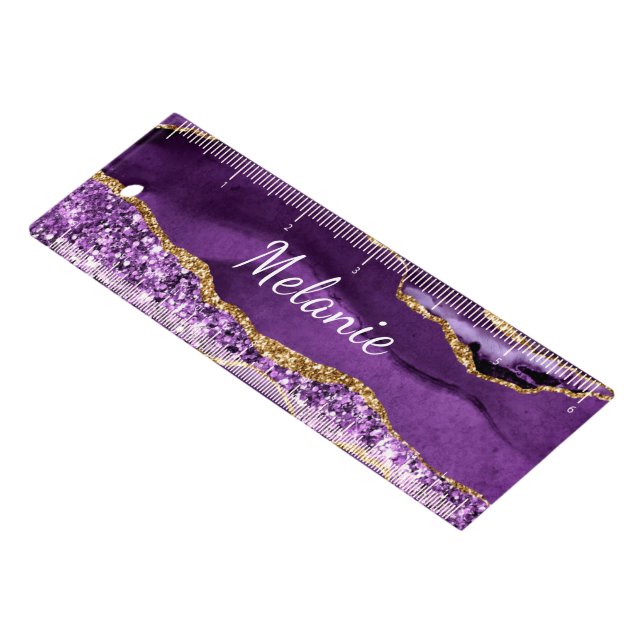 Purple Gold Glitter Marble Custom Your Name Ruler (Angled)