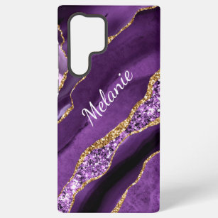 Purple Gold Glitter Marble Custom Your Name Samsung Galaxy S22 Ultra Case