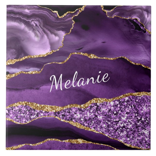 Purple Gold Glitter Marble Custom Your Name Tile (Front)