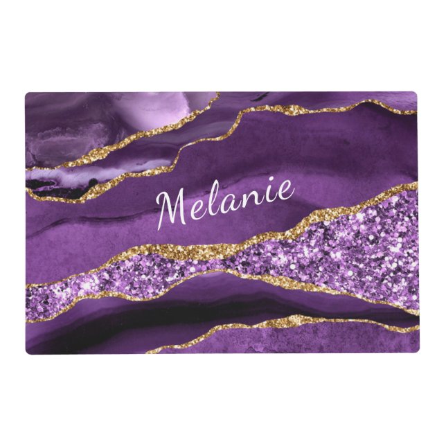 Purple Gold Glitter Marble Placemat with Your Name (Back)