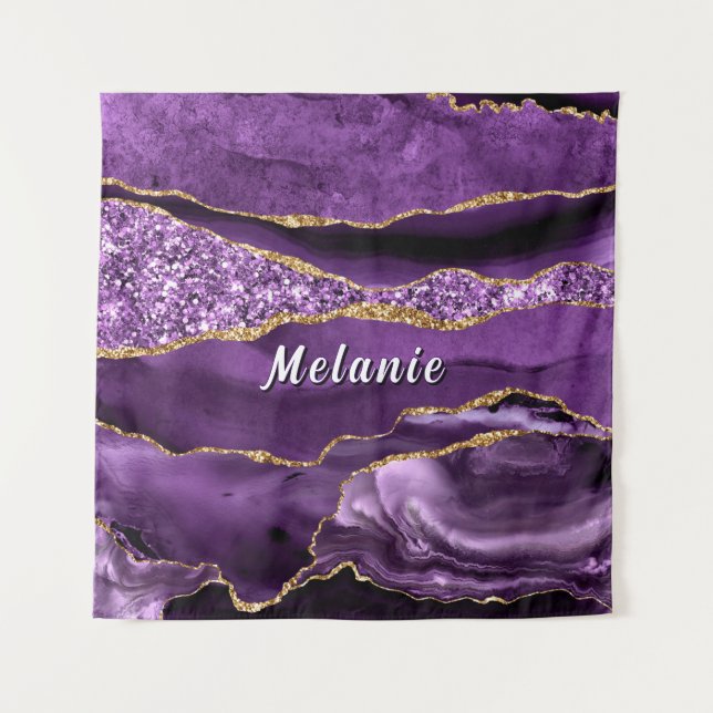 Purple Gold Glitter Marble Tapestry Custom Name (Front)