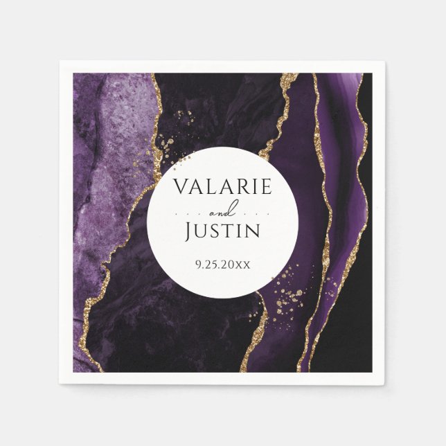 Purple Gold Glitter Marble Wedding  Napkins (Front)