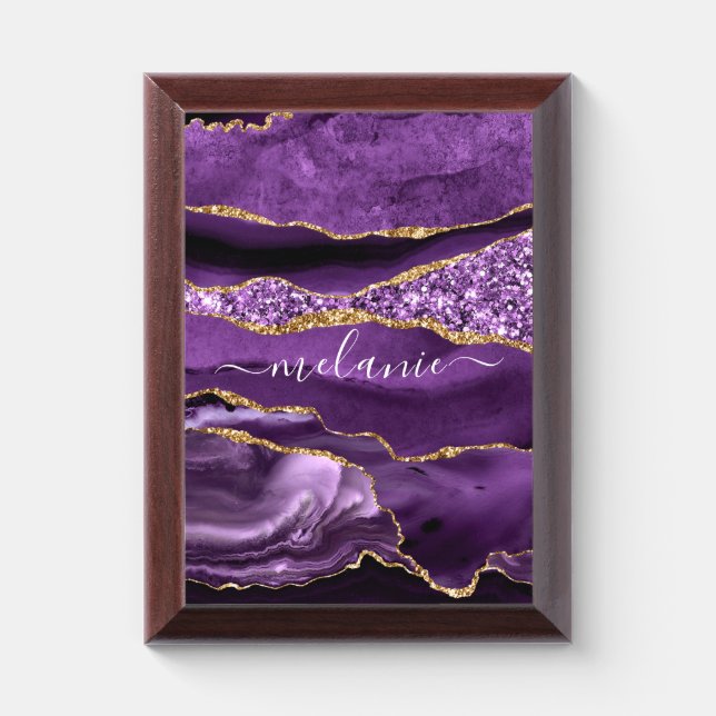 Purple Gold Glitter Marble Your Name Award Plaque (Vertical)