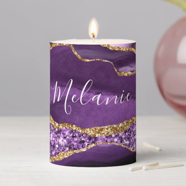 Purple Gold Glitter Marble Your Name Candle Gift (In Situ)