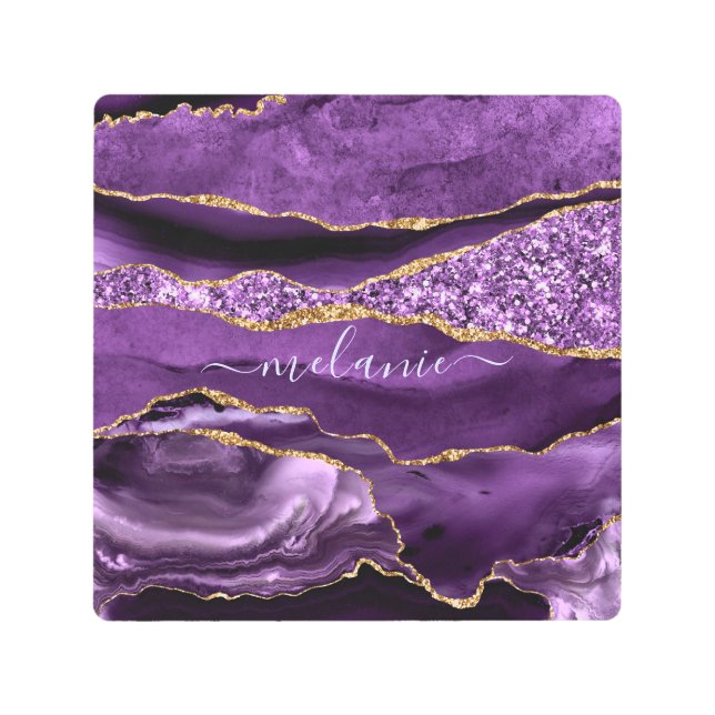 Purple Gold Glitter Marble Your Name Metal Print (Front)