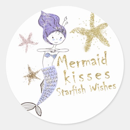 Purple  Gold Glitter Mermaid Birthday Party Favor Classic Round Sticker