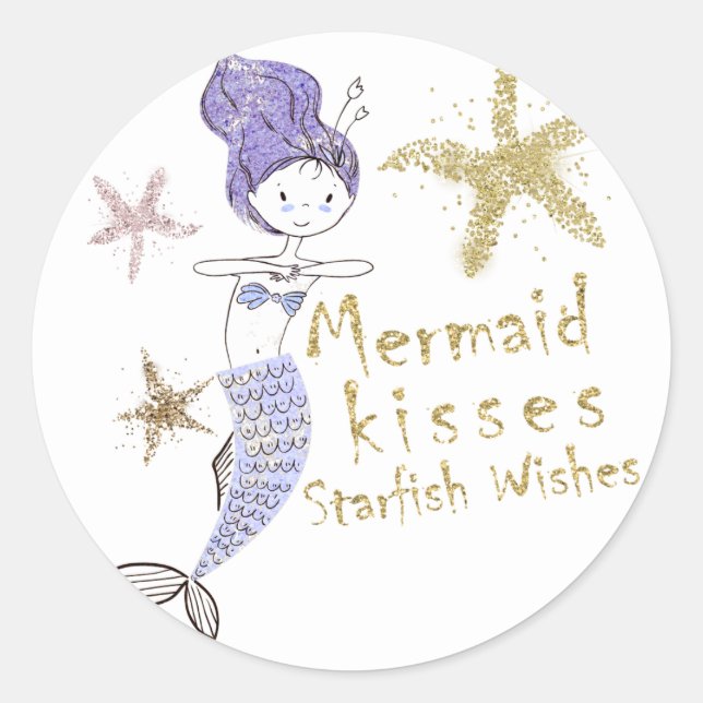 Purple & Gold Glitter Mermaid Birthday Party Favor Classic Round Sticker (Front)