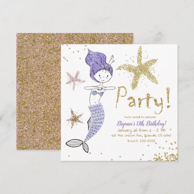 Purple & Gold Glitter Mermaid Birthday Party Invitation (Front/Back)