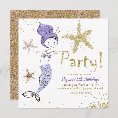 Purple  Gold Glitter Mermaid Birthday Party Invitation