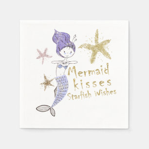 Purple & Gold Glitter Mermaid Birthday Party Napkins