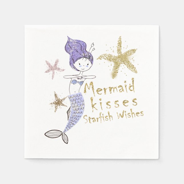 Purple & Gold Glitter Mermaid Birthday Party Napkins (Front)