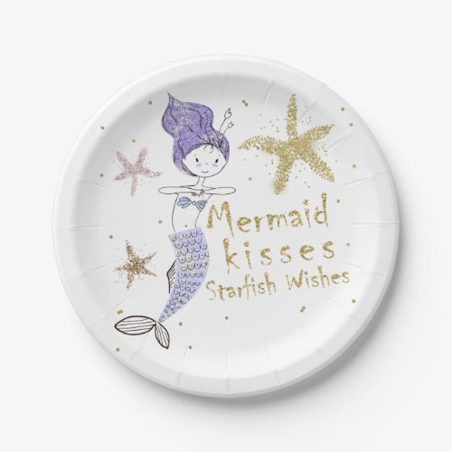 Purple  Gold Glitter Mermaid Birthday Party Paper Plates