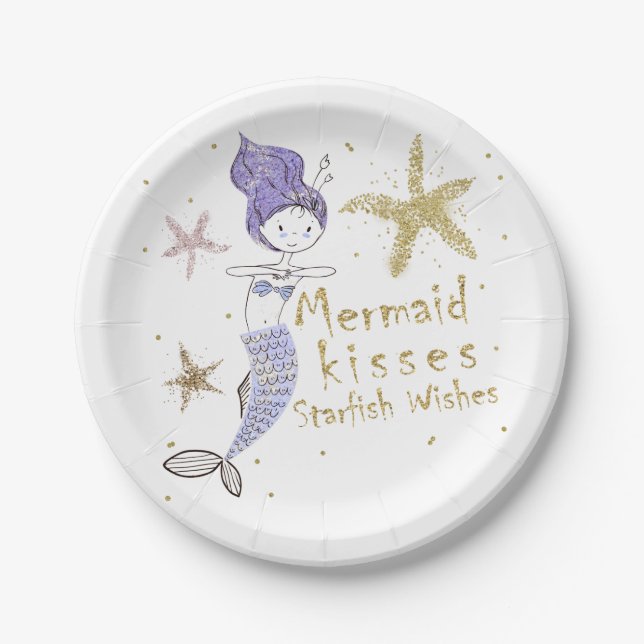 Purple & Gold Glitter Mermaid Birthday Party Paper Plates (Front)