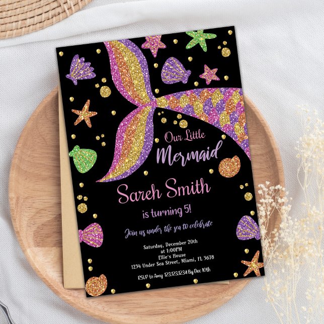 Purple Gold Glitter Mermaid Tail Birthday Invitation (Mermaid Birthday Invitation with photo)