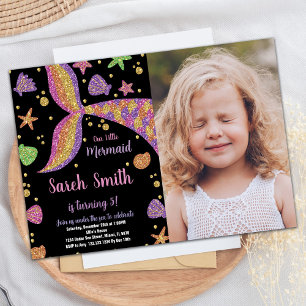 Purple Gold Glitter Mermaid Tail Birthday w Photo Invitation