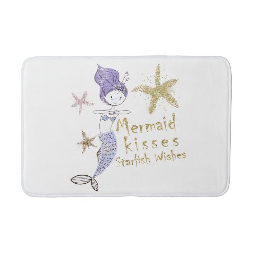 Purple Gold Glitter Mermaid Wishes Starfish Kisses Bath Mat