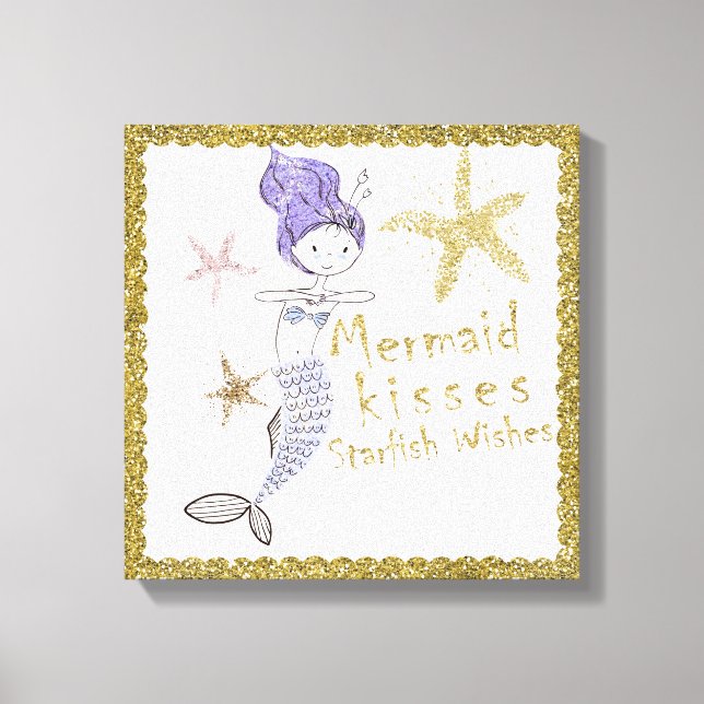 Purple Gold Glitter Mermaid Wishes Starfish Kisses Canvas Print (Front)