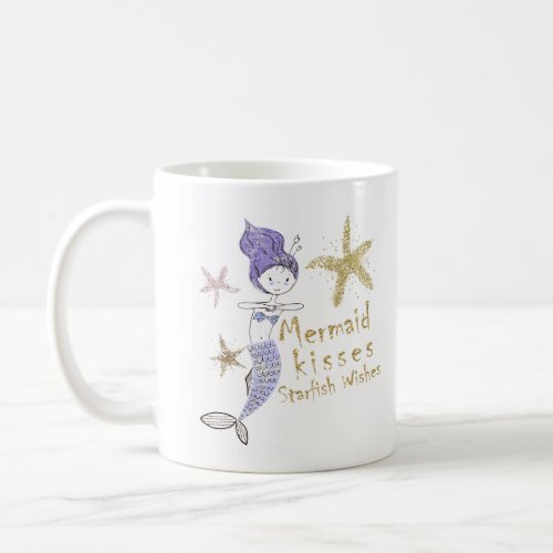 Purple Gold Glitter Mermaid Wishes Starfish Kisses Coffee Mug
