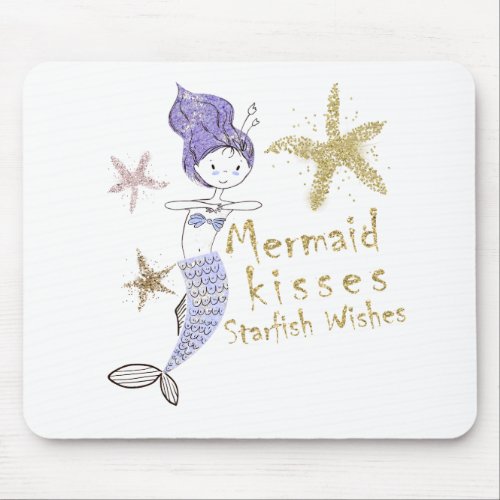 Purple Gold Glitter Mermaid Wishes Starfish Kisses Mouse Pad