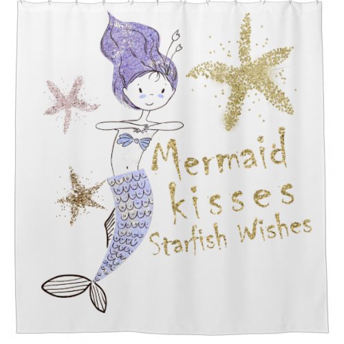 Purple Gold Glitter Mermaid Wishes Starfish Kisses Shower Curtain