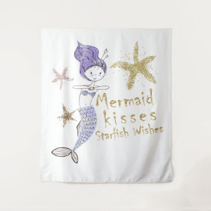 Purple Gold Glitter Mermaid Wishes Starfish Kisses Tapestry