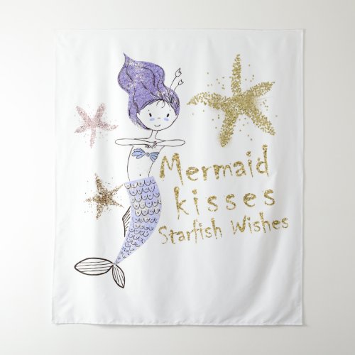 Purple Gold Glitter Mermaid Wishes Starfish Kisses Tapestry