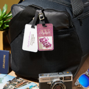 Purple Gold Glitter Monogram Custom Orchid Photo Luggage Tag