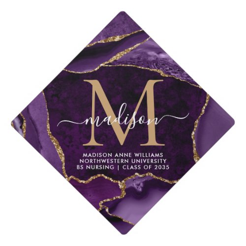 Purple Gold Glitter Monogram Marble Agate Grad Graduation Cap Topper