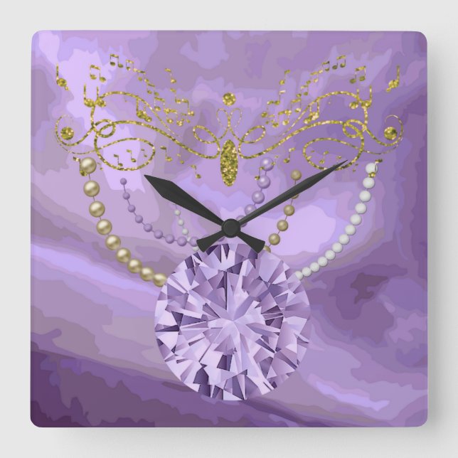 Purple Gold Glitter Music &Jewels Square WallClock (Front)