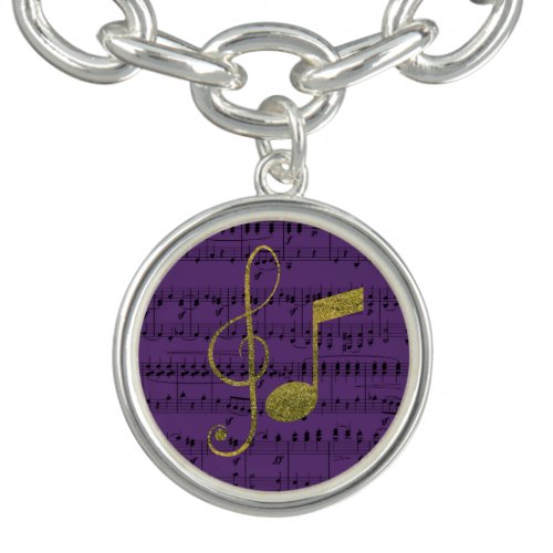 Purple Gold Glitter Music Silver Charm Bracelet