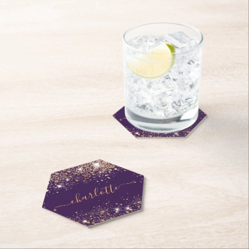 Purple gold glitter name script paper coaster