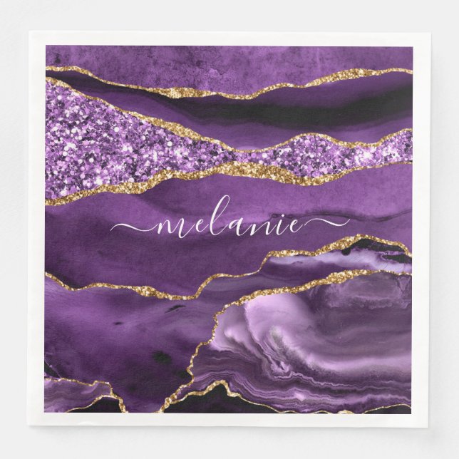 Purple Gold Glitter Napkins Personalized Name (Front)