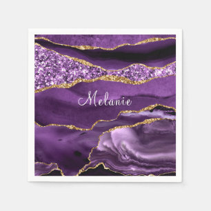 Purple Gold Glitter Napkins with Custom Name