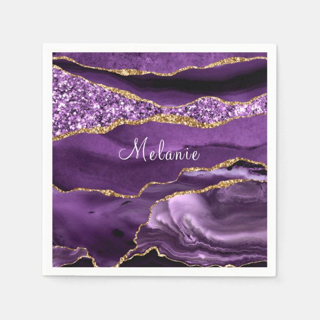 Purple Gold Glitter Napkins with Custom Name (Front)