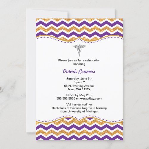 Purple  Gold Glitter Nurse Graduation RN BSN Invitation