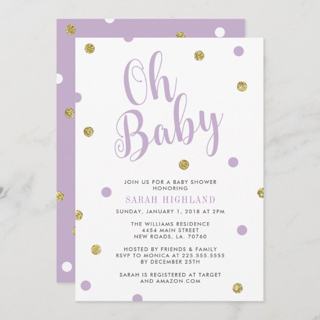 Purple & Gold Glitter Oh Baby Shower Invitation (Front/Back)