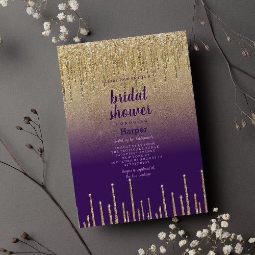 Purple gold glitter ombre drip scrip Bridal Shower Invitation