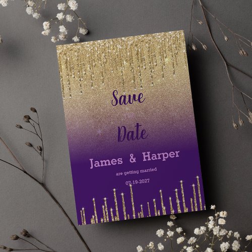 Purple gold glitter ombre drip scrip Save the Date Invitation
