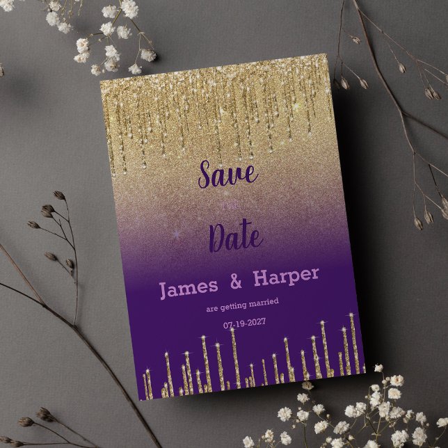 Purple gold glitter ombre drip scrip Save the Date Invitation (Purple gold glitter ombre drip scrip Save the Date)