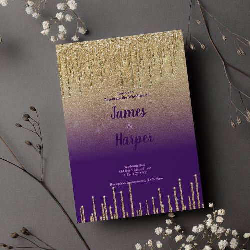 Purple gold glitter ombre drips script Wedding  Invitation